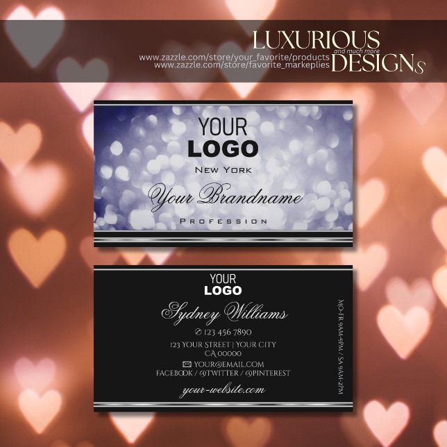 Ocean Blue Glitter Logo Black Silver Decor Border Business Card (Creator Uploaded)