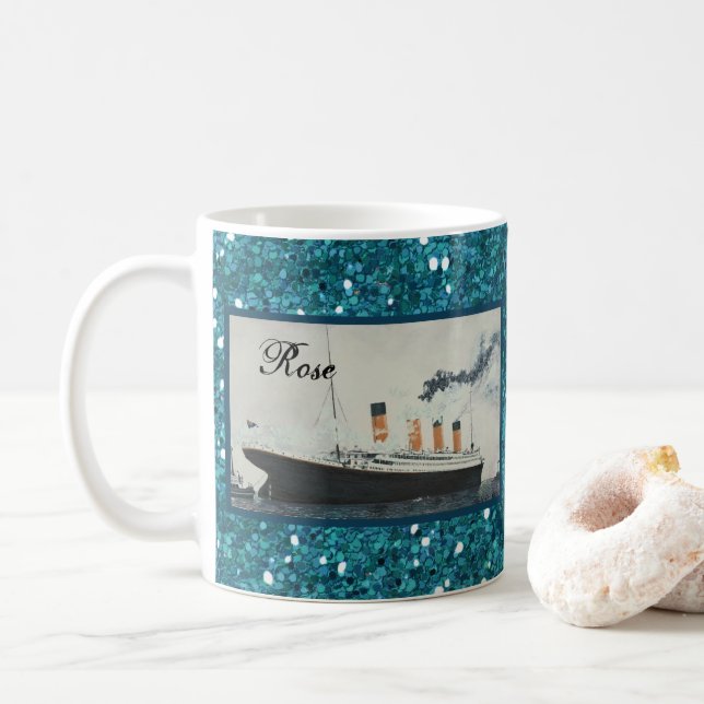 Ocean Blue Glitter Titanic Personalised Girly Coffee Mug (With Donut)