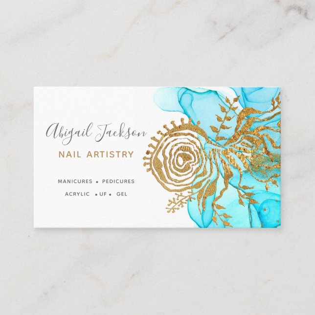 Ocean Blue Gold Abstract Watercolor Nail Artistry Business Card (Front)