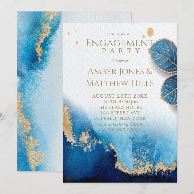Ocean Blue Gold Agate Engagement Party Invitation (Front/Back)
