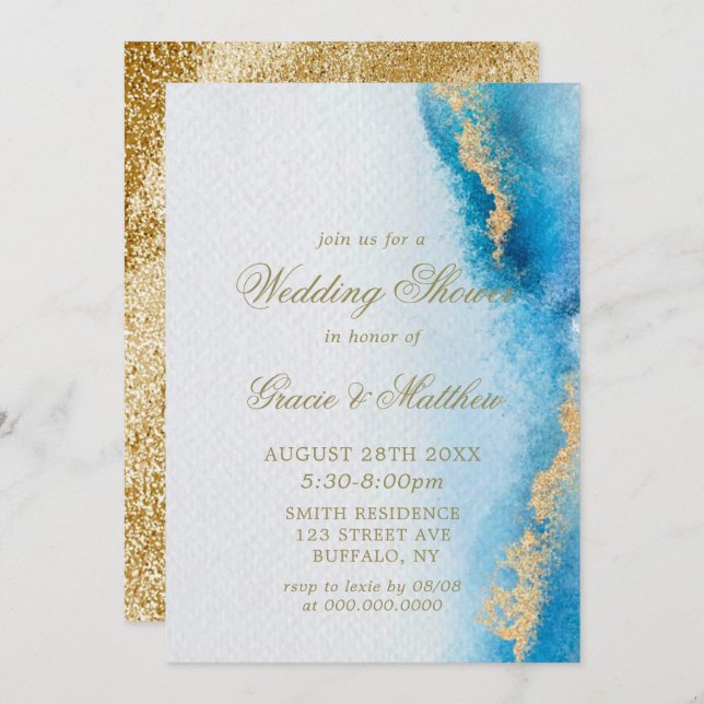 Ocean Blue Gold Agate Wedding Shower invitations  (Front/Back)