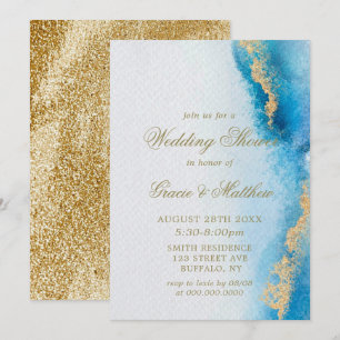 Ocean Blue Gold Agate Wedding Shower invitations 