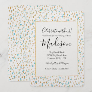 Ocean Blue Gold Confetti Dots Watercolor Birthday Invitation