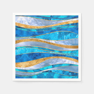 Ocean Blue Gold Metallic Wavy Abstract Napkin
