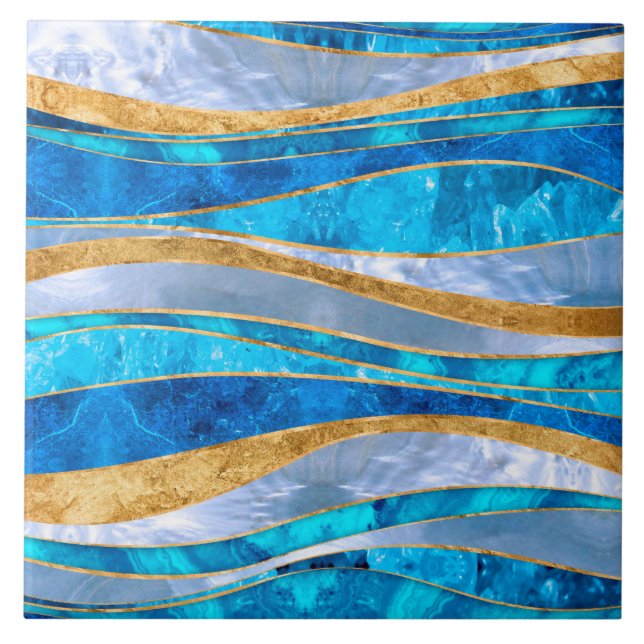 Ocean Blue Gold Metallic Wavy Abstract Tile (Front)