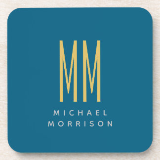 Ocean Blue Gold Monogram Initial Letters Name Coaster