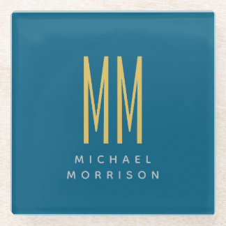 Ocean Blue Gold Monogram Initial Letters Name Glass Coaster