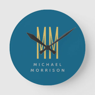 Ocean Blue Gold Monogram Initial Letters Name Round Clock