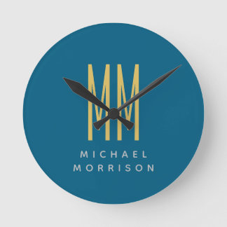 Ocean Blue Gold Monogram Initial Letters Name Round Clock