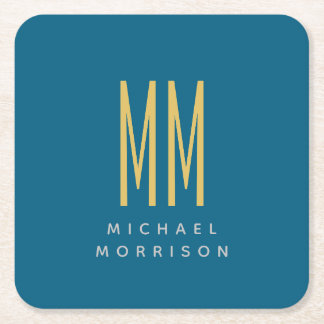 Ocean Blue Gold Monogram Initial Letters Name Square Paper Coaster