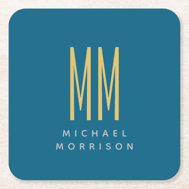 Ocean Blue Gold Monogram Initial Letters Name Square Paper Coaster (Front)