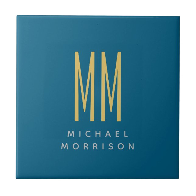 Ocean Blue Gold Monogram Initial Letters Name Tile (Front)