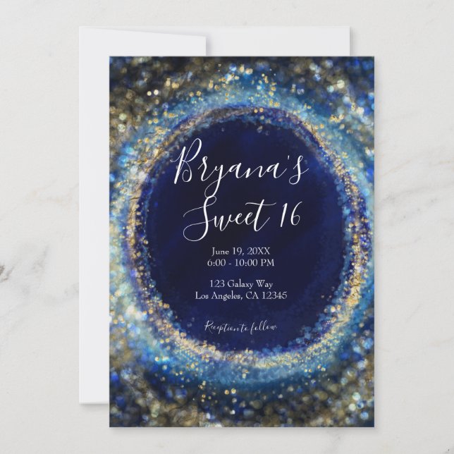 Ocean Blue & Gold Sparkling Lights Sweet 16 Party Invitation (Front)