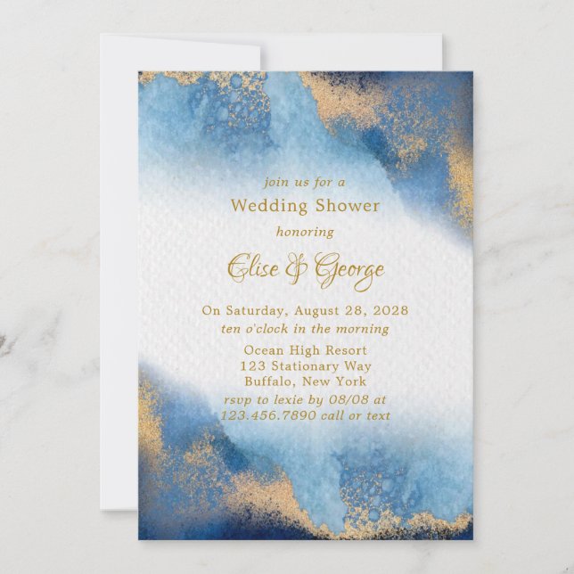 Ocean Blue Golden Watercolor Wedding Shower Invitation (Front)