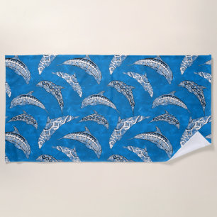 Ocean Blue Hawaiian Tribal Dolphins Beach Towel