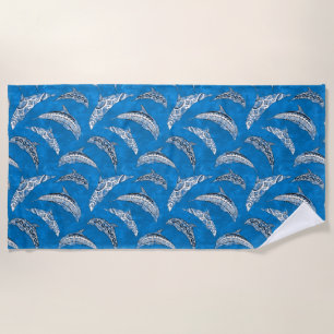 Ocean Blue Hawaiian Tribal Dolphins Beach Towel