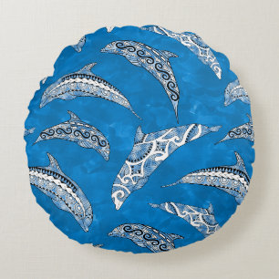 Ocean Blue Hawaiian Tribal Dolphins Round Cushion