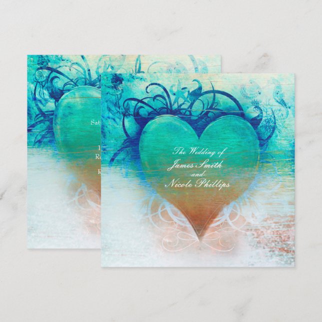Ocean Blue Heart Beach Tropical Invitations (Front/Back)