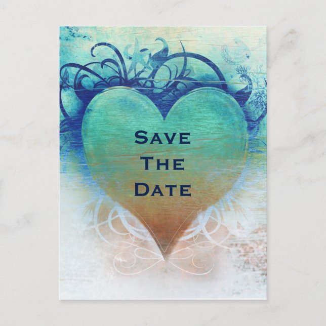 Ocean Blue Heart Grunge Beach Tropical Announcement Postcard (Front)