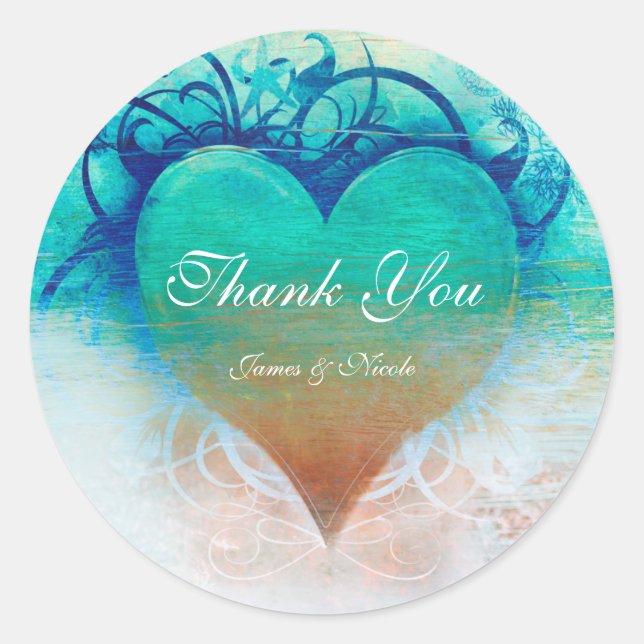 Ocean Blue Heart Grunge Tropical Beach Favour Classic Round Sticker (Front)