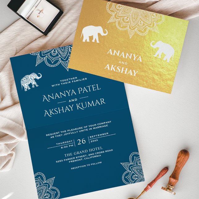 Ocean Blue Henna Elephant Indian Wedding Gold Foil Card (Creator Uploaded)