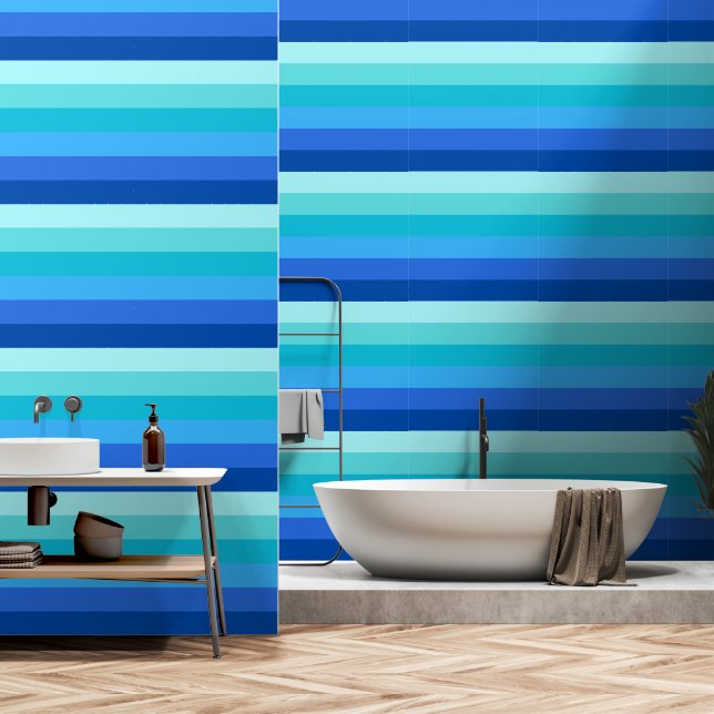 Ocean Blue Horizontal Stripe Wallpaper (Bathroom)