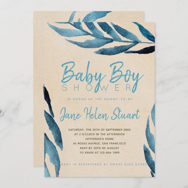 Ocean blue laurel foliage baby boy shower invite (Front/Back)