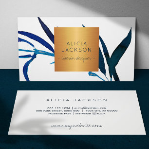 Ocean blue leaf glam copper chic interior designer business card