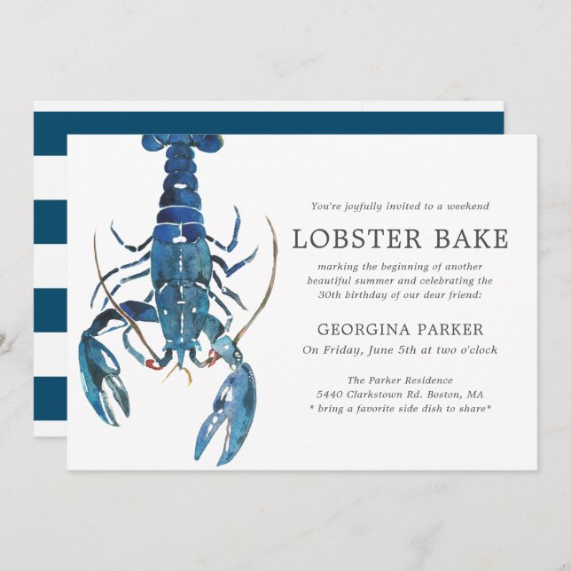 Ocean Blue Lobster Bake Birthday | Striped Invitation (Front/Back)