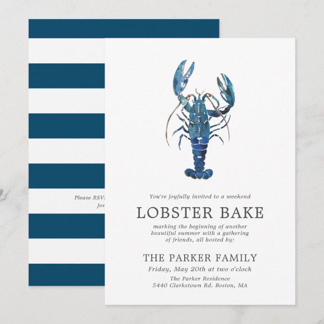 Ocean Blue Lobster Bake | Striped Invitation (Front/Back)