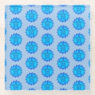 Ocean Blue Maori Sun Tribal Turtles Glass Coaster