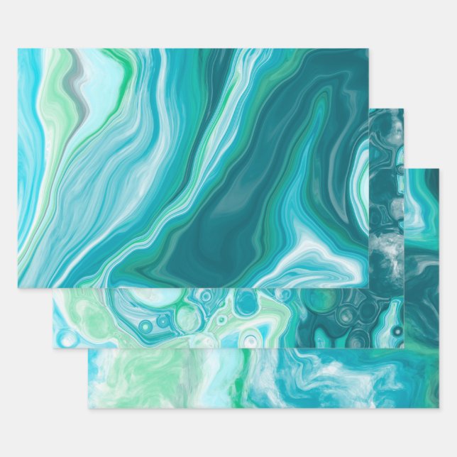 Ocean Blue Marble Fluid Art Birthday Wrapping Paper Sheet (Set)
