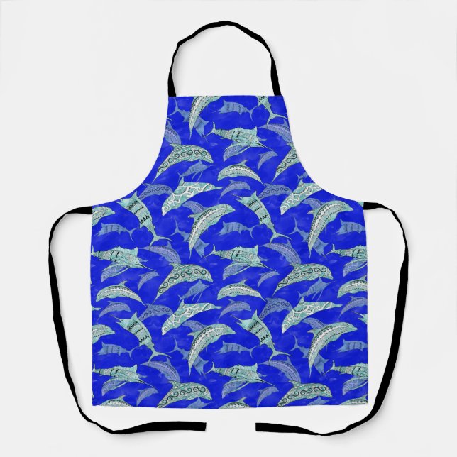 Ocean Blue Marine Animals Dolphins Marlins Apron (Front)