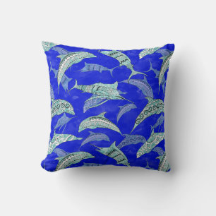 Ocean Blue Marine Animals Dolphins Marlins Cushion