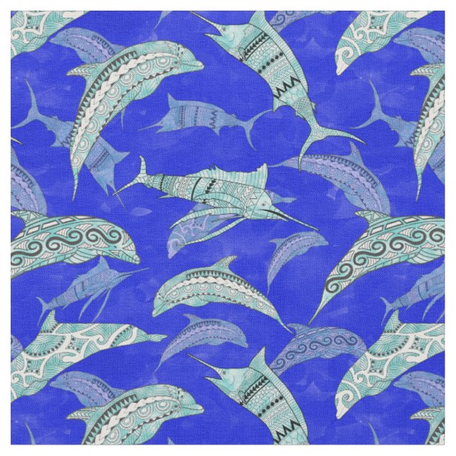 Ocean Blue Marine Animals Dolphins Marlins Fabric (Close Up)