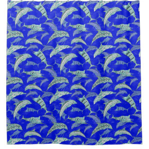 Ocean Blue Marine Animals Dolphins Marlins Shower Curtain