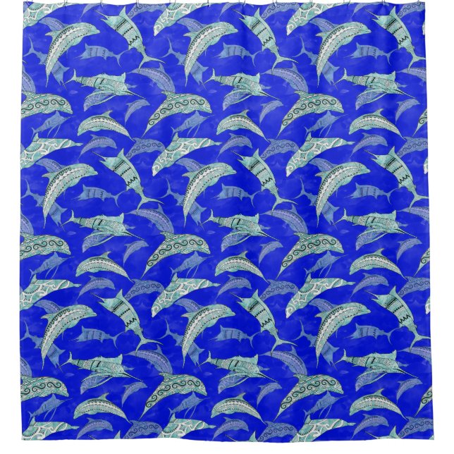 Ocean Blue Marine Animals Dolphins Marlins Shower Curtain (Front)