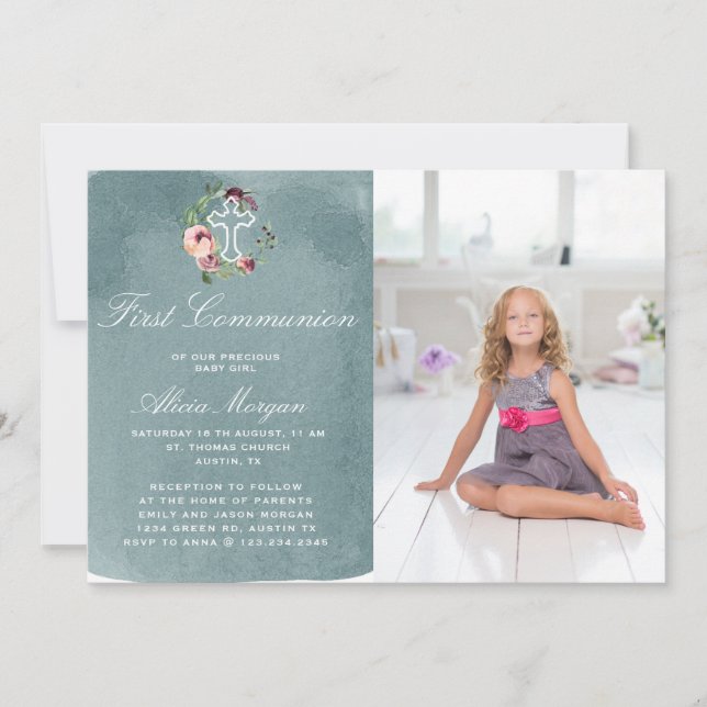 ocean blue marsala floral first communion invitation (Front)