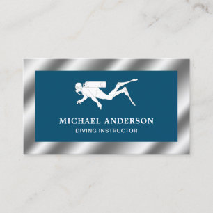 Ocean Blue Metallic Steel Scuba Diving Instructor Business Card