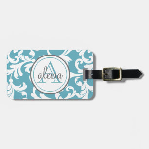 Ocean Blue Monogrammed Damask Print Luggage Tag