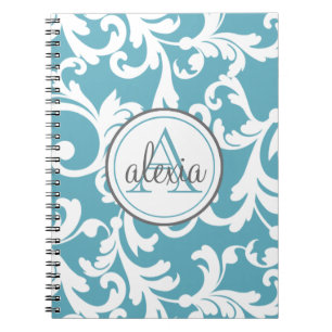 Ocean Blue Monogrammed Damask Print Notebook