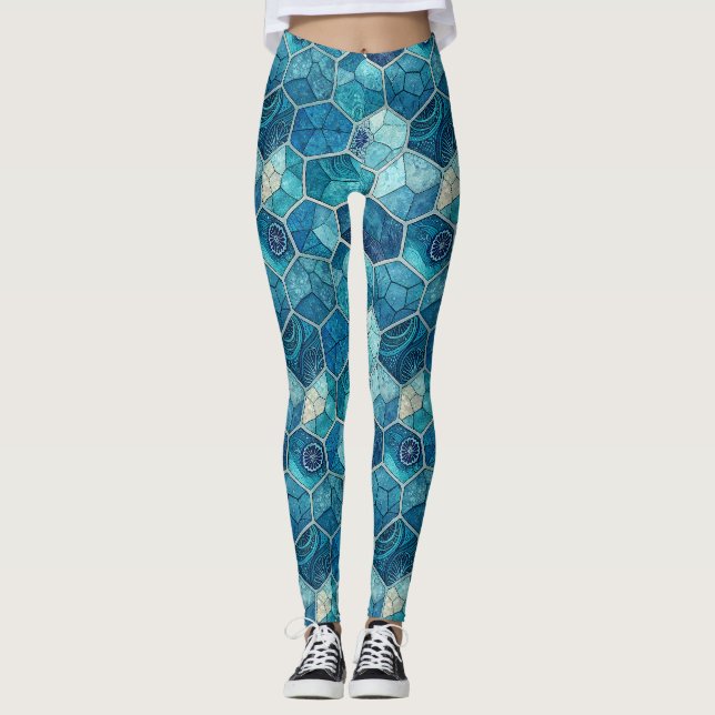 Ocean Blue Mosaic Pattern – Irregular Polygon Leggings (Front)