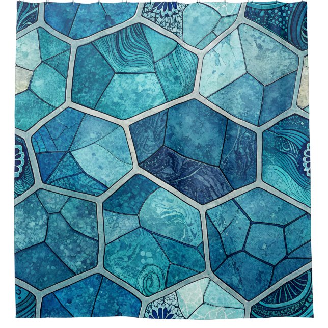 Ocean Blue Mosaic Pattern – Irregular Polygon Shower Curtain (Front)