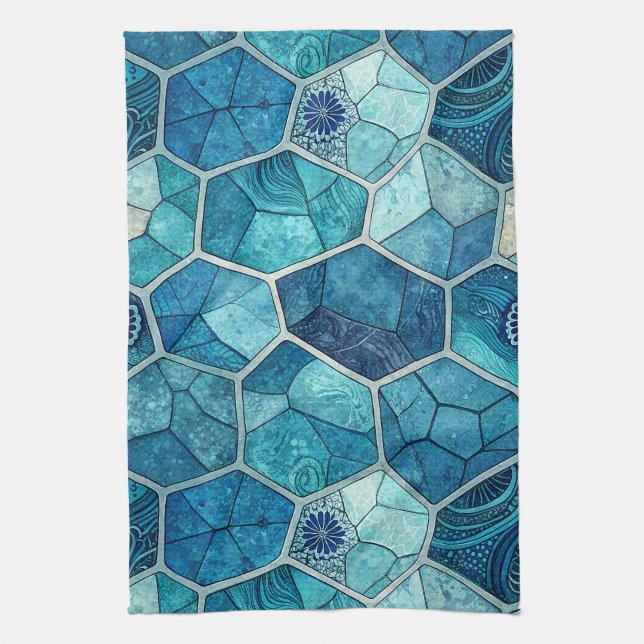 Ocean Blue Mosaic Pattern – Irregular Polygon Tea Towel (Vertical)