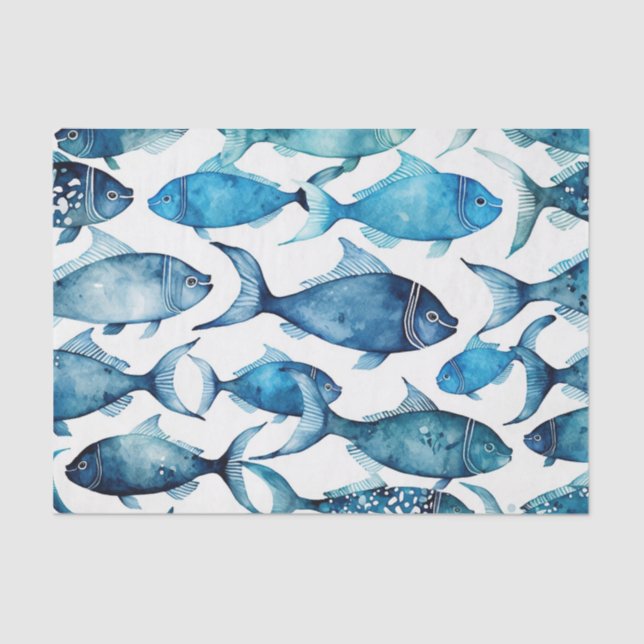 Ocean Blue Navy Fish | Coastal Birthday Gift Wrap Tissue Paper (Front)