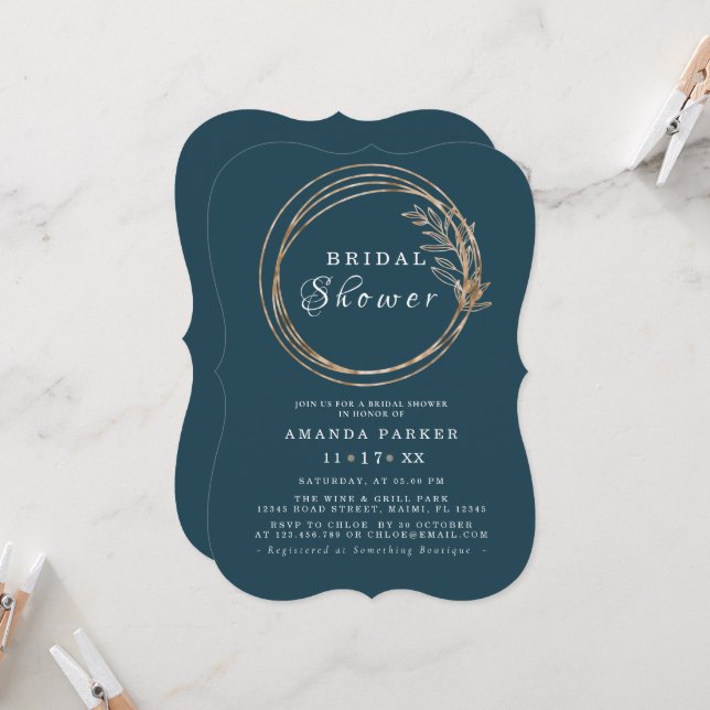 Ocean Blue Olive Golden Wreath Bridal Shower  Invitation (Front/Back In Situ)