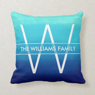Ocean Blue Ombre Family Name & Monogram Cushion