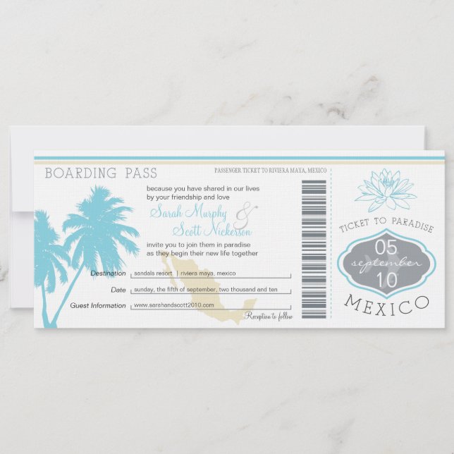 Ocean Blue Palm Tree  Mexico Wedding Boarding Pass Invitation (Front)