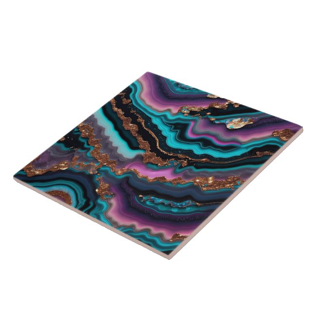 Ocean Blue Pink Gold Marble Modern Collection Tile (Side)