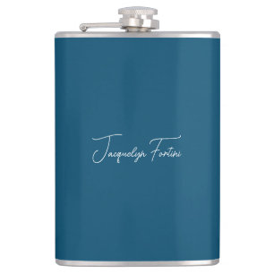 Ocean Blue Plain Elegant Minimalist Calligraphy Hip Flask